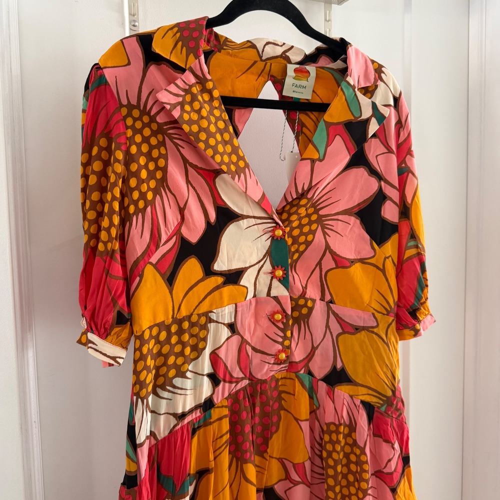Farm Rio Colorful Sunflowers Midi Dress Pink Orange Floral Puff Sleeve L NWT - Picture 2 of 9